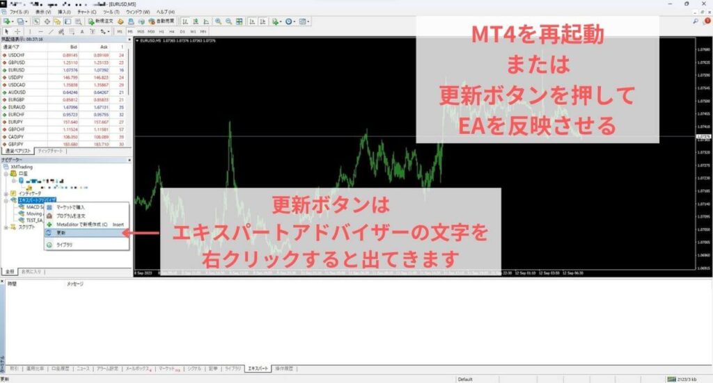 EAをExpertsフォルダに入れたら更新ボタンまたはMT4を再起動